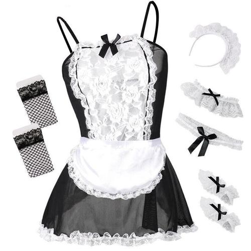 Jual Set Lingerie Sexy Lengkap Model Cosplay Pelayan Renda Hitam Putih Transparan Wanita Kota