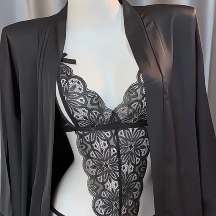 Jual LP Sexy Lingerie Set Bodysuit Kimono Buka Bawah Hitam Hanya Dalaman Kab Bogor