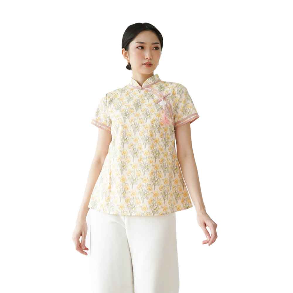 6 MIMOSA Top in Lemon Mandarin Peony Cheongsam Qipao Top