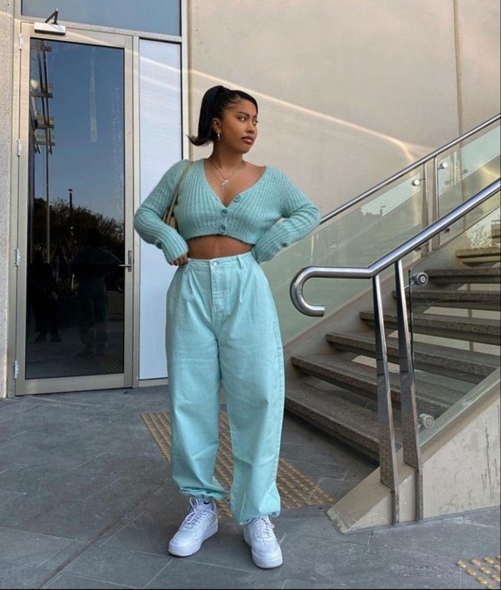 mint outfit and white pants