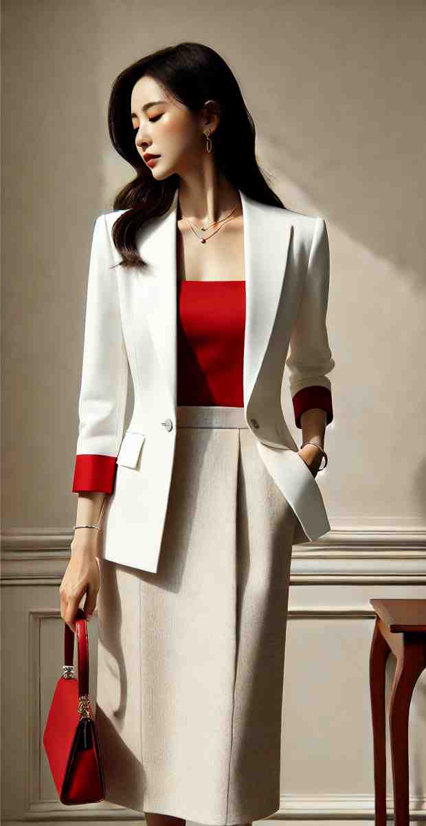 Blazer Putih dengan Inner Merah dan Rok Midi
