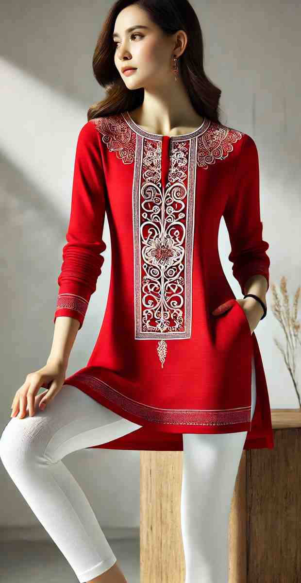 Tunik Merah dengan Legging Putih