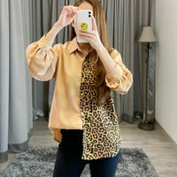 Half Leopard Print Tshit Kemeja Wanita Motif Loreng MKO