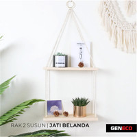 RAK TALI GANTUNG 2 SUSUN Dinding Macrame Kayu Jati Belanda Minimalis