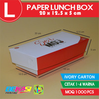 1K Ivory Cetak Custom Logo Merk Paper Lunch Box Ukuran L 20x12.5x5 cm