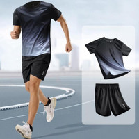 KAMB 2pcs warna gradien setelan kaos olahraga pria