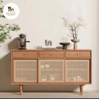 buffet ruang tamu minimalis kayu jati aksen rotan alam