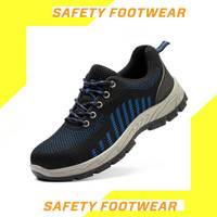 Sepatu Safety Pria Import Ujung Besi Hitam Garis Biru Mesh