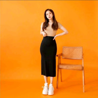 Midi Slit Skirt Rok Hitam 7/8 Wanita Rayon Spandek Sexy Stretch S M L XL