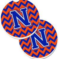 CarolineS Treasures Cj1044Ncarc Letter N Chevron Orange And Blue Set Of 2 Cup Holder Car Coasters Absorbent Sandstone Coasters Car Cup Holders Gifts Men Or Women Large Multicolor