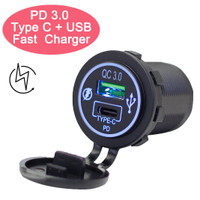 Charger Mobil Dual Port Type C PD QC 3.0 LED Light 12/24V