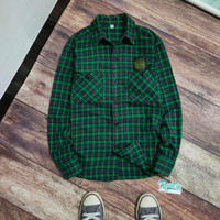 FL12 kemeja lengan panjang flanel Uniqlo size M hijau cowok pria flannel kotak tartan casual vintage plaid shirt long slevee