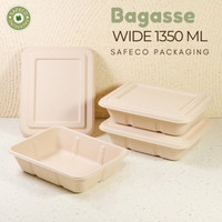 Bagasse Safeco Wide 1350 ML Kotak Tempat Makanan Food Box  Kotak Tempat Makan Packaging Kemasan Kotak Rectangle Box Biodegradable Disposable Packaging Material Bamboo Pulp Sekali Pakai Ramah Lingkungan Tahan Panas Oven Microwave Safe