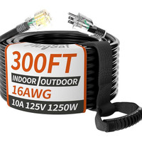 Kabel Ekstensi 163 300 Kaki Tdoor Hitam Tahan Air Tahan Cuaca Dingin 58F Tahan Api Fleksibel 3 Cabang Kabel Listrik Tugas Berat Rumput Office10A 1250W 16Awg Sjtw Etl Terdaftar