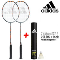 (Langsung Diproses) Paket 2 Raket Badminton Adidas E07.1 dan Shuttlecock Flieger FS1 Speed 77 Putih isi 12 | Bisa Dikirim