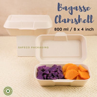 Bagasse Clamshell Food Lunch Box 800 ml / 8 x 4 inch Packaging Kemasan Makanan Eco Friendly Biodegradable Compostable Takeaway Food LunchBox