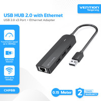 VENTION CHPBB USB HUB 2.0 to 3x Port USB 2.0 and Gigabit Ethernet Adapter RJ45 LAN with Power Supply 0.15 Meter Adaptor Adapter