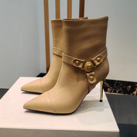 Shoes For Women Size36-42 Genuine Leather Boots Super High Heels Ankle Boots Metal Decoration Designer Shoes Zapatos De Mujer