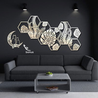 Hiasan Dinding Ruang Tamu Kayu Classic Hexagon Monstera Laser Cut