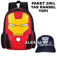 Tas anak ransel karakter ironman 2in1 - tas + topi - tas anak