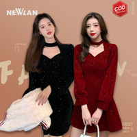 Newlan QZ060 Korean velvet mini dress shining super premium v neck long sleeve / party dress bodycon / gaun pesta / dress malam bodycon v neck blink2 long sleeve  / gaun pendek beludru lengan panjang model serut slim fit / sexy dress