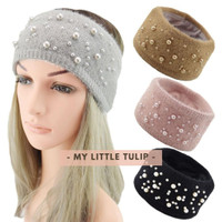 Bandana Fur Mutiara / Bando Bulu2 Bandana Korea / Headband Pearl Bagus / Bandana Lebar Polkadot Wool