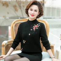 [Siap Kirim] Â˜Žâ˜Ibu Paruh Baya Musim Gugur Dan Musim Dingin Bordir Wol Sweater Mid-Neck Sweater Ukuran Besar Gaya Asing Wanita Setengah Baya Dan Lanjut Usia Rajutan Bottoming Top