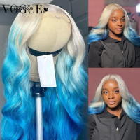 13X4 HD Transparent Lace Front Human Hair Wig Ombre Blue 613 Colored Body Wave Glueless Brazilian Remy Wigs On Sale For Woman