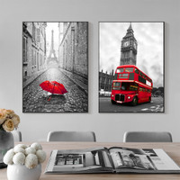 Black and White City Landscape Wall Art Posters Paris Big Ben Eiffel Tower Red Bus Umbrella Canvas Prints Modern Romantic Decor