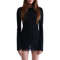 Female Fashion Temperament Daily Black Long Sleeves Backless Solid