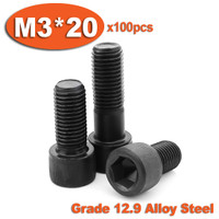 100pc DIN912 M3 x 20 Grade 12.9 Alloy Steel Screw Black Full Thread Hexagon Hex Socket Head Cap Screws