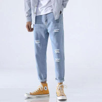Celana jeans pria sobek korean style panjang jeans biru muda standar original MURAH!!!