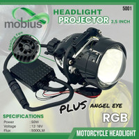 Lampu Depan Projector B'LED MOBIUS 2.5 Inch Plus Kipas Dan Angel Eye RGB Dual Cahaya Putih Kuning