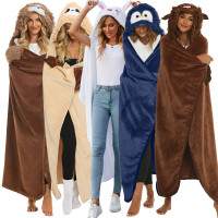 Flannel Autumn Winter Adults Wearable Hooded Blanket With Gloves Warm Hoodie Cloak Oversized Soft Cartoon Animal Sofa Blankets