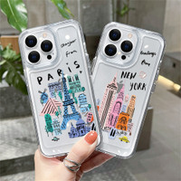 New York City Clear Case for iPhone 15 16 11 12 13 14 Pro Max Soft Silicone Shockproof Trendy Cover with Cartoon Paris Pattern
