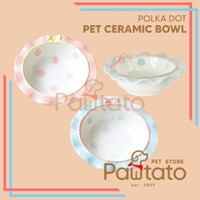 Mangkok Makan Anjing Bowl Ceramic Round Polkadot Food Drink Pet Puppy Dog Kitten Keramik Lucu