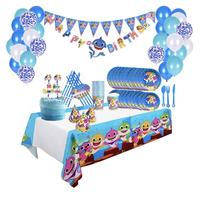 Gambar Dekorasi Ulang Tahun / Ultah Baby Shark piring, gelas, topi, lilin dll - Banner besar dari Shopping with isamara undefined 2 Tokopedia