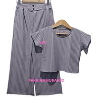 Gambar Setelan One Set Wanita Crop Top Lengen Celana Panjang Bahan Knit Rib - Abu dari PAKAIANMURAH92 undefined 3 Tokopedia