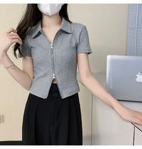 Gambar Baju Polo Resleting Crop Top Knit Kerah Korean Atasan Wanita Import - Abu-abu dari ownstyle_ undefined 3 Tokopedia