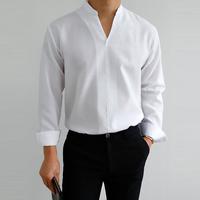 Gambar kemeja pria lengan panjang v neck slim fit basic polos hitam - Hitam, M dari Naugat undefined 5 Tokopedia