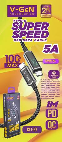 Gambar Kabel Data V-GeN CT1-27 Super Fast Charging 5A 100W Max PD QC 480Mbps Data Transfer Digital Display Type C to Type C 1 Meter dari Intact Official Store undefined 2 Tokopedia