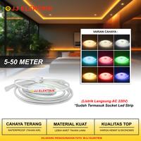 Gambar Siap Pakai Tinggal Colok! Lampu LED Strip COB 220V Dotless Super Terang Tahan Lama 5/10/15/20/25/30/35/40/45/50 Meter Cahaya Merata, Mudah Dipasang, Fleksibel, Tanpa Trafo, Cocok untuk Plafon, Dapur, Ruang Tamu, Dekorasi - Biru, 50 Meter dari JJELEKTRIK undefined 1 Tokopedia