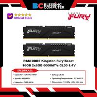Gambar RAM DDR5 Kingston Fury Beast 16GB 2x8GB 6000MT/s CL30 1.4V KF560C30BBK2-16 XMP BLACK dari Blessing Computer Bali undefined 1 Tokopedia