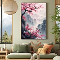 Gambar Lukisan bunga dengan pegunungan - lukisan siap pajang - lukisan aestetic japan - 120x80NoFrame dari Rowi Art Galleri undefined 1 Tokopedia