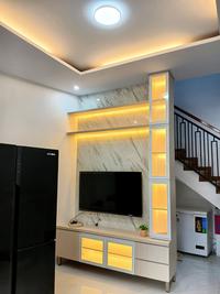 Gambar Backdrop Tv Minimalis Modern Bahan PVC HPL Playwood Custom Meja Tv Gantung Lampu LED Promo Termurah - Pvc Board HPL dari Rufaidah Interior undefined 1 Tokopedia