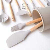 Gambar Hygga Home  KHAKI Silikon Sutil Pencapit Spatula Kuas Sendok Gagang Kayu/Silicone Kitchen Utensils - Bucket dari Hygga Home undefined 5 Tokopedia