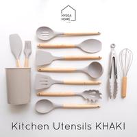 Gambar Hygga Home  KHAKI Silikon Sutil Pencapit Spatula Kuas Sendok Gagang Kayu/Silicone Kitchen Utensils - Bucket dari Hygga Home undefined 1 Tokopedia