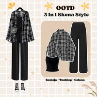 Gambar OOTD Skena Style 3 In 1 Outfit Remaja Korean Kemeja kotak + Tanktop +  Celana Setelan Kekinian - Outfit Set dari All-NEW Shops undefined 1 Tokopedia