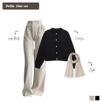 Gambar Della One Set Wanita (Atasan Outer Cardigan Basic , Bawahan  Celana Kulot  Loose Pants Ivory , Square Hijab Cream ) Outfit Set  Kuliah Kampus | Casual Simple Saintai Ootd Setelan Baju Remaja Muslim Hangout clean Look Style Formal Kantor - ONE SET dari Luxeroom undefined 2 Tokopedia
