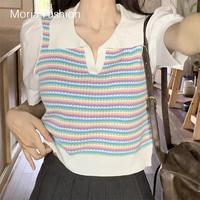 Gambar Moria DX037 Atasan Rajut Lengan Pendek Salur Garis Garis Wanita Premium | Baju Rajut Kaos Wanita | Atasan Perempuan | Cewek Kekinian lengan panjang rajut Kaos wanita top Blouse Knit CropTop Kerah Motif Belang Polos Stripe Blouse Atasan Wanita RAINBOW - Black dari Moriafashion undefined 4 Tokopedia